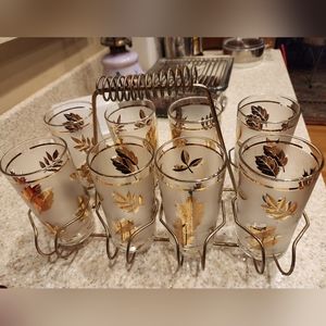 Vintage Libbey Hollywood Regency Gold Leaf Frosted Highball Glasses + Caddy 9 pc